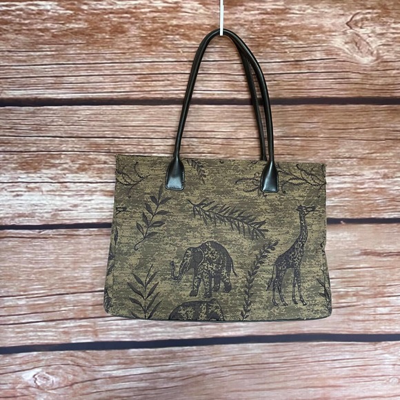 90's Carpet Bag Purse Brown Tan Elephants Giraffes Costume Theater Mary Poppins - Picture 1 of 10